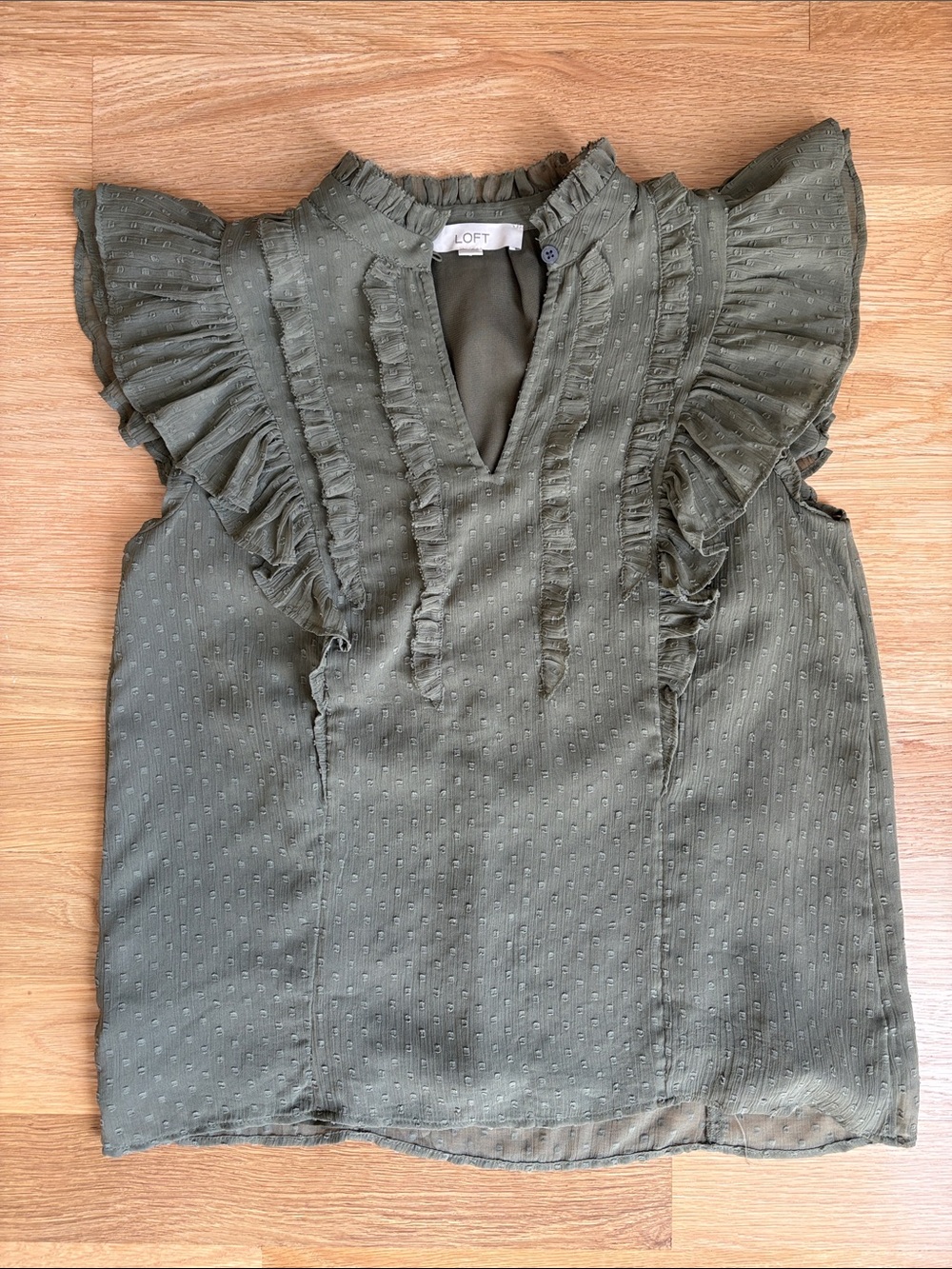 LOFT | Olive Ruffle Sleeve Swiss Dot Top